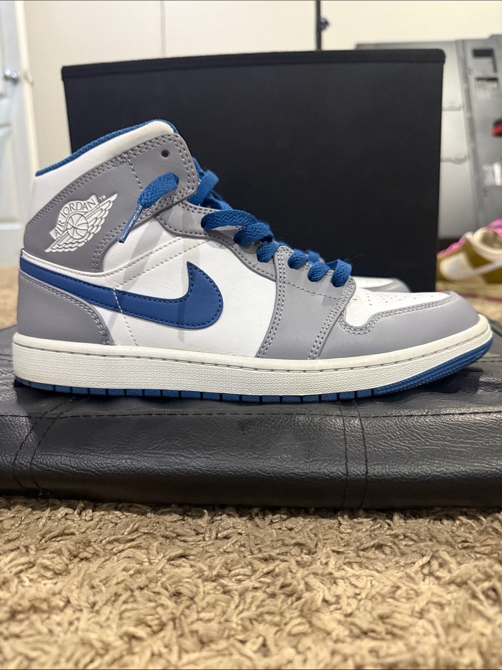Jordan Air 1 Mid White Gray and Blue Sneakers